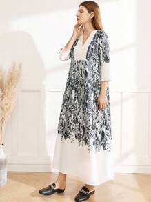 Al Najma Women's Printed V-neck Long Sleeve Dress - Black and White - View 3