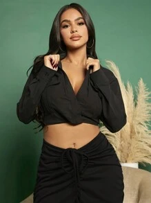 SHEIN SXY Flap Pocket Detail Crop Shirt - Black - View 4