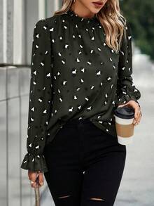 SHEIN Clasi Allover Print Flounce Sleeve Frill Neck Blouse - Army Green - View 3