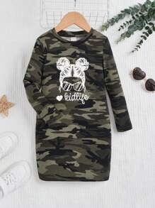 SHEIN 女童街頭潮流運動針織迷彩圓領長袖連衣裙 - 彩色 - 查看 1