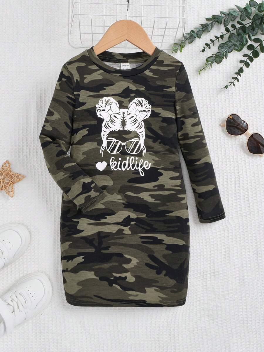 SHEIN 女童街頭潮流運動針織迷彩圓領長袖連衣裙 - 彩色 - 查看 1