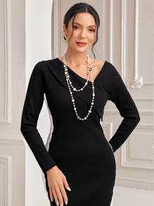 Modelyn Contrast Lace Split Hem Bodycon Sweater Dress Fall Cloth For Women - Black - View 7