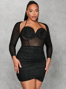 SHEIN BAE Hơn Ca-vát Backless Xù Bustier Long lanh Váy bodycon - màu đen - Xem 5