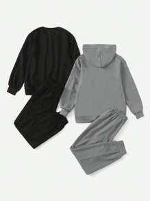 SHEIN Leap Crew 男大童2入組字母圖案連帽衫&2入組腰部抽繩衛褲 - 灰色 - 查看 2