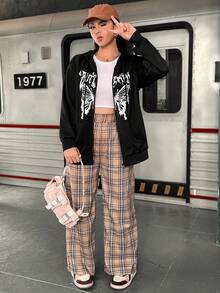 Flirla Talla grande Capucha con estampado de mariposa y letra de hombros caídos con cordón - Negro - Ver 4