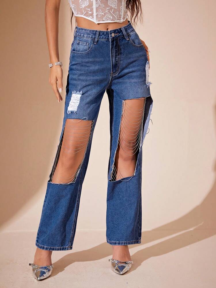 Chain Detail Ripped Cut Out Straight Leg Jeans