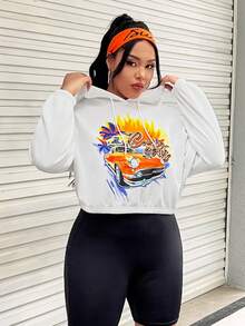 SHEIN EZwear 加大码汽车字母图案落肩抽绳卫衣 - 白色 - 查看 4