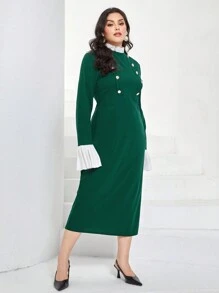Modelyn Plus Contrast Ruffle Trim Flounce Sleeve Button Detail Dress - Green - View 4