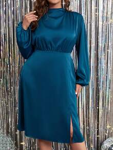 SHEIN Clasi Plus Mock Neck Lantern Sleeve Split Thigh Satin Dress - Navy Blue - View 3