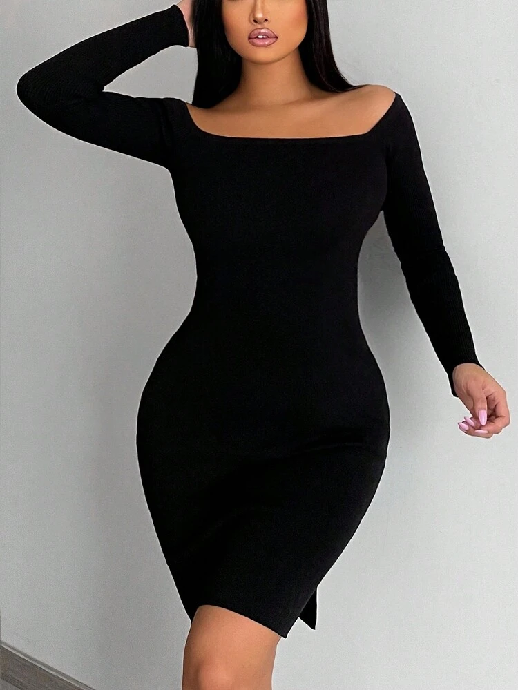 Off Shoulder Split Hem Cut Out Back Sweater Dress