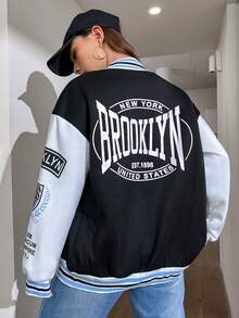 SHEIN Unity Cazadora de universidad con estampado de letra de dos tonos de hombros caídos ribete de rayas - Blanco y Negro - Ver 5