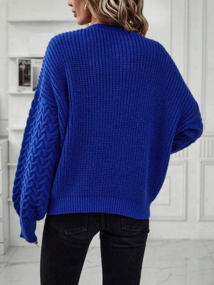 SHEIN LUNE Guipure Lace Insert Lantern Sleeve Cable Knit Drop Shoulder Knit Pullover Fall Winter Sweater - Royal Blue - View 2