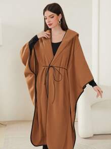 Modelyn 撞色滾邊蝙蝠袖連帽腰帶花呢外套 - 咖啡棕 - 查看 5