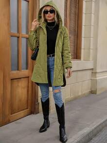 SHEIN Essnce 按扣插肩袖连帽绗缝加厚外套冬季服装 - 綠色 - 查看 7