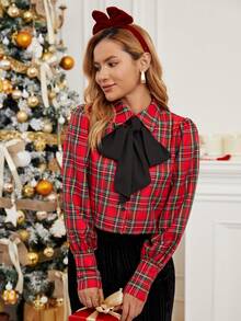 SHEIN Clasi In Tartan Cà vạt Tay áo Đèn lồng Áo sơ mi - Đỏ - Xem 3