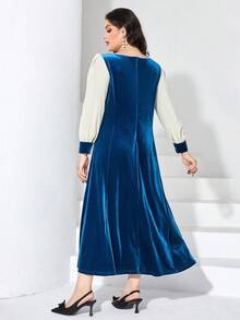 Modelyn Hơn Khối màu Cổ Trái tim Nếp gấp Phần Ngực Tay áo lồng đèn Nhung Đầm - Nhiều màu - Xem 2