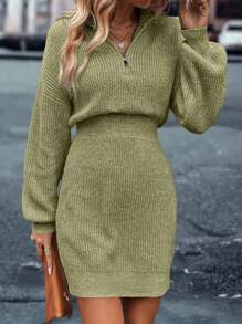 SHEIN Essnce Thả vai Khóa kéo một phần tư Đầm Áo len - màu xanh lá - Xem 5