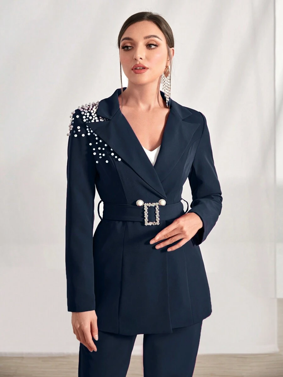 Modelyn Ngọc trai đính cườm Nút đôi Áo vest Với thắt lưng - Màu xanh hải quân - Xem 1