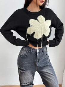 SHEIN Unity Floral Pattern Drop Shoulder Fringe Trim Knit Pullover Fall Winter Sweater - Black - View 3