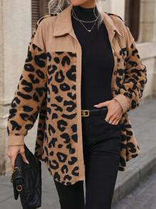 SHEIN Clasi Leopard Print Drop Shoulder Flannel Coat - Multicolor - View 3