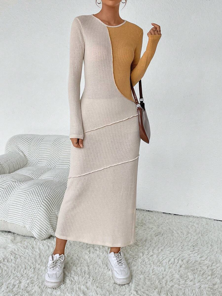 SHEIN Essnce Two Tone Waffle Knit Bodycon Dress - Multicolor - View 1