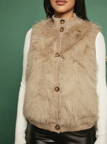 SHEIN SXY معاطف فراء صناعي نسائية الزر بازرارأمامية الصاف - كاكي - مشاهدة 7