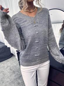 SHEIN Essnce Đan Bỏng ngô Thả vai Áo len - Màu Xám nhạt - Xem 5