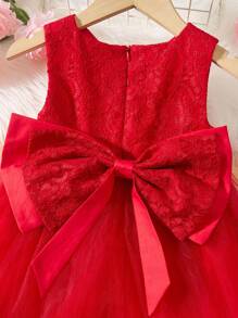 Baby Girls' Net Yarn Patchwork Dress With Bow Decoration For Formal Occasions - Red - View 5