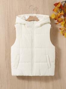 SHEIN Teen Girl 1pc Zip Up Hooded Vest Padded Coat - Beige - View 1