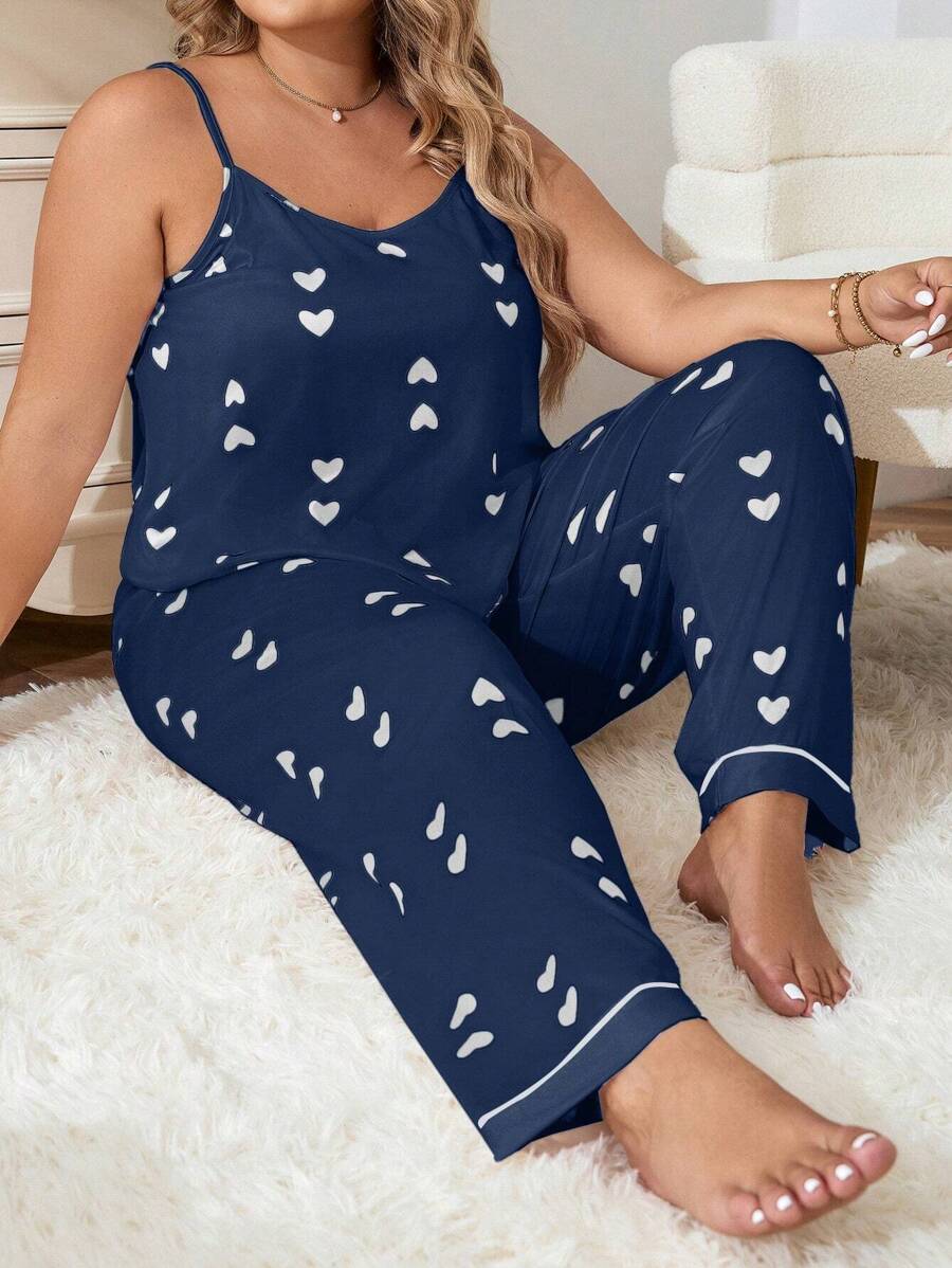 Plus Heart Print Contrast Piping PJ Set / Pajama Set - Royal Blue - View 1