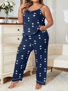 Plus Heart Print Contrast Piping PJ Set / Pajama Set - Royal Blue - View 4