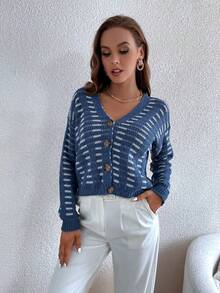 SHEIN Unity Plaid Pattern Drop Shoulder Cardigan - Blue - View 6