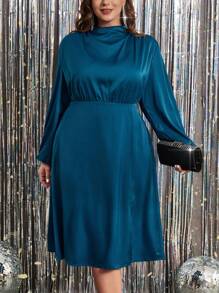 SHEIN Clasi Plus Mock Neck Lantern Sleeve Split Thigh Satin Dress - Navy Blue - View 1