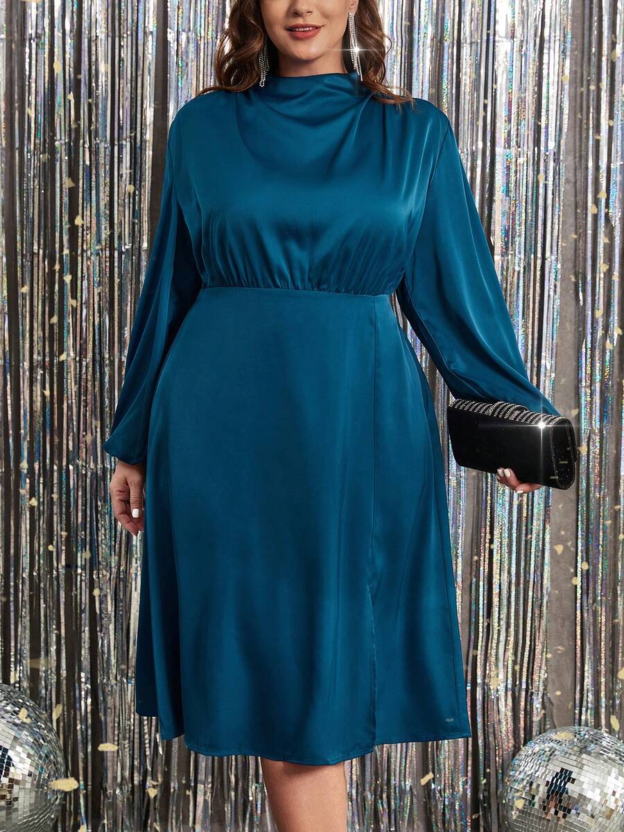 SHEIN Clasi Plus Mock Neck Lantern Sleeve Split Thigh Satin Dress - Navy Blue - View 1
