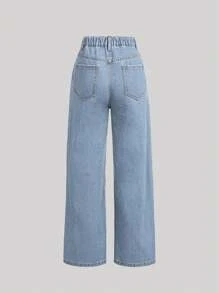 SHEIN Girlism Teen Girl Butterfly Print Ripped Straight Leg Jeans - Light Wash - View 2