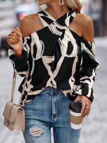 SHEIN LUNE Blusa De Hombro Caído Con Estampado Aleatorio Para Mujer - Negro - Ver 3