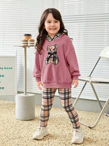 SHEIN Young Girl Bear Print Drop Shoulder Hoodie & Plaid Leggings