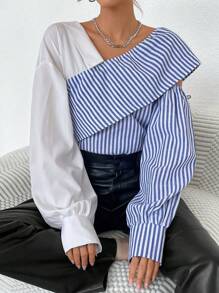 SHEIN Essnce 女士條紋不對稱領口拼接襯衫 - 藍白色 - 查看 5