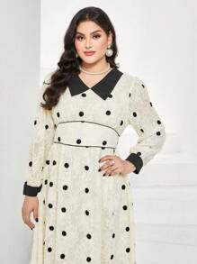 Mulvari Plus Polka Dot Print Contrast Collar Dress - Apricot - View 5