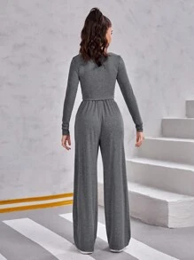 SHEIN Teen Girl Lettuce Trim Top & Wide Leg Pants Set - Dark Grey - View 2