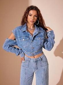 SHEIN BAE Cut Out Pearls Beaded Flap Pocket Denim Jacket - Medium Wash - View 1