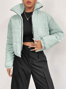 Chiquease Zip Up Corduroy Padded Padded Coat Clothes Winter Fall Cloth For Women - Green - View 5