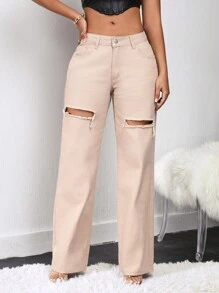 SHEIN SXY High Waist Ripped Wide Leg Jeans - Apricot - View 2