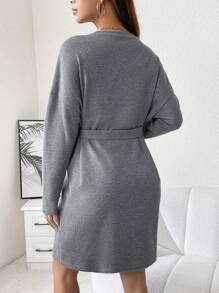 SHEIN Maternity Drop Shoulder Belted Dress - Dark Grey - View 2