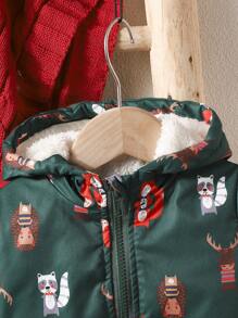 Mały chłopiec Nadruk zwierzęcy Pluszowa podszewka Płaszcz z kapturem - Ciemnozielony - Zobacz 4
