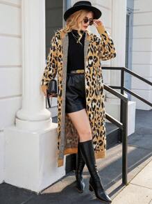 Calvaya Plus Leopard Pattern Drop Shoulder Open Front Hooded Longline Cardigan - Multicolor - View 1