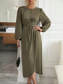 SHEIN Clasi Tay áo lồng đèn Váy Wrap Hem - xanh quân đội - Xem 3