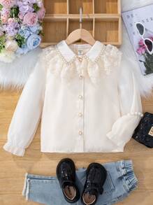 SHEIN Young Girl Contrast Lace Ruffle Trim Flounce Sleeve Shirt - Beige - View 1