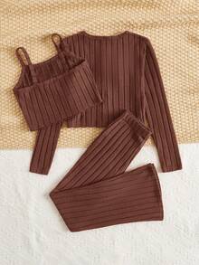 SHEIN Tween Girl Solid Cami Top & Flare Leg Pants & Button Front Tee - Coffee Brown - View 2