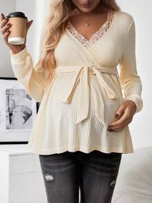 SHEIN Thai sản Trang trí ren Thắt lưng Dệt kim Waffle Áo thun - Màu be - Xem 6